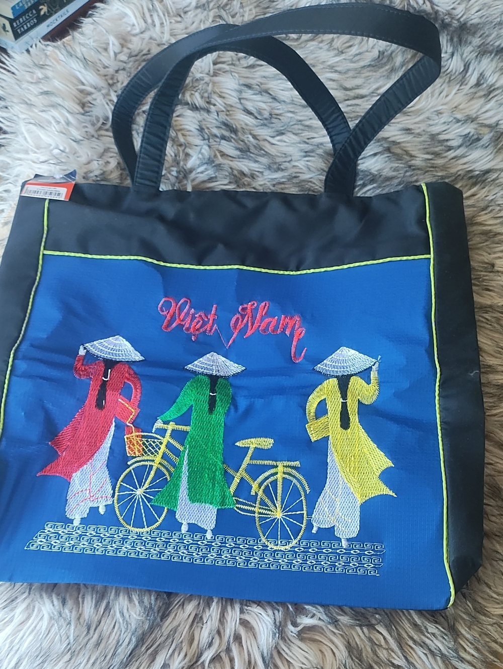 Vietnam Embroidered Blue Tote Bag with Multicolor Figures